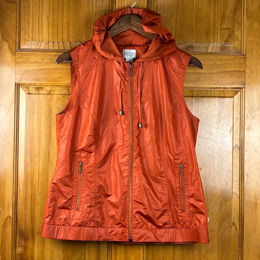 Zenergy by Chicos Womens Orange Hooded Zip Up Vest Lightweight Size 1 M